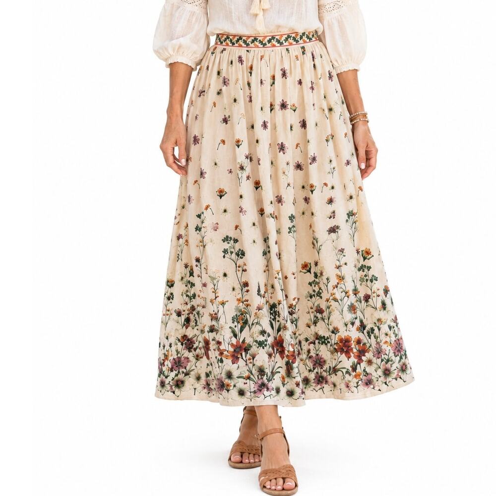 Max Studio NEW Floral Maxi Skirt Womens Small Cream Linen Cotton Pockets Long